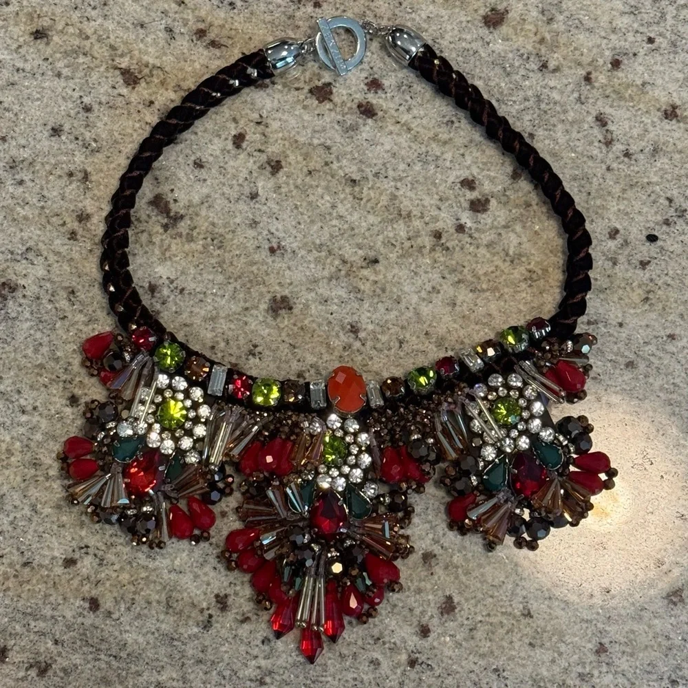 Multicolor Crystal Statement Necklace with Red and Green Accents